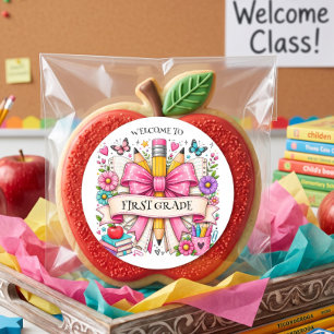 First Grade Welcome Retro Pencil Classic Round Sticker