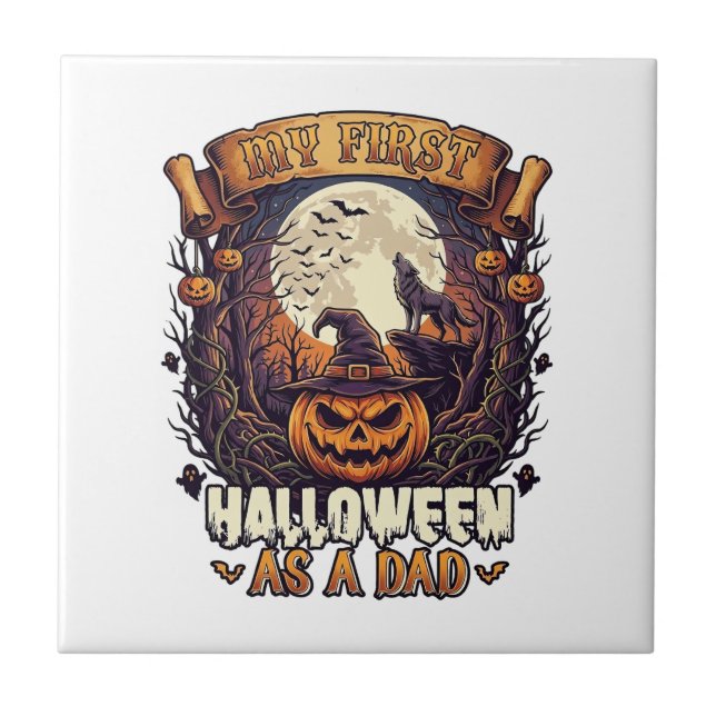 First Halloween As Dad Pumpkin Wolf Moon_1 Ceramic Tile (Front)
