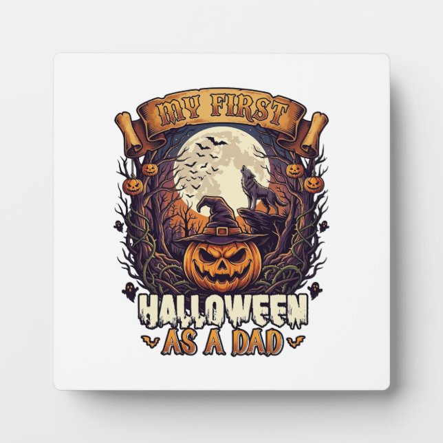 First Halloween As Dad Pumpkin Wolf Moon_1 Plaque (Front)