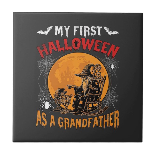 First Halloween As Grandfather Wizard Bat Moon_1 Ceramic Tile (Front)