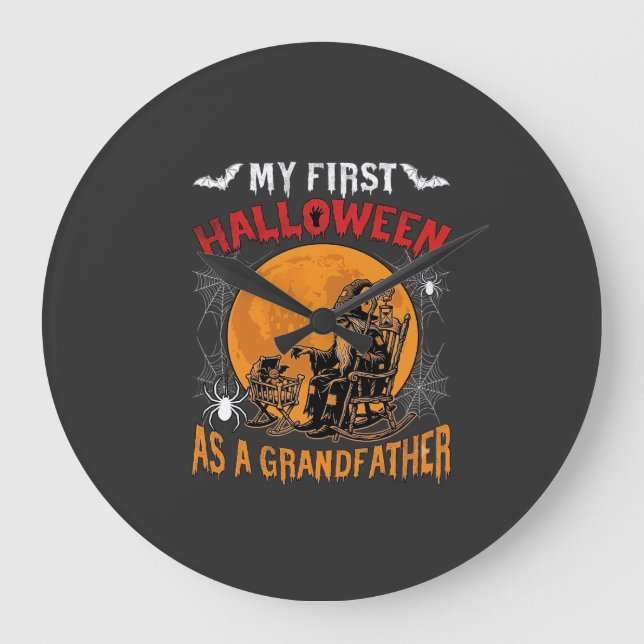 First Halloween As Grandfather Wizard Bat Moon_1 Large Clock (Front)