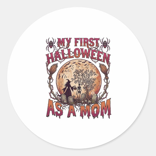 First Halloween As Mum Witch Skeleton Moon_1 Classic Round Sticker (Front)