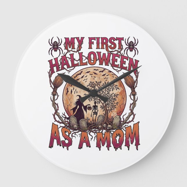 First Halloween As Mum Witch Skeleton Moon_1 Large Clock (Front)