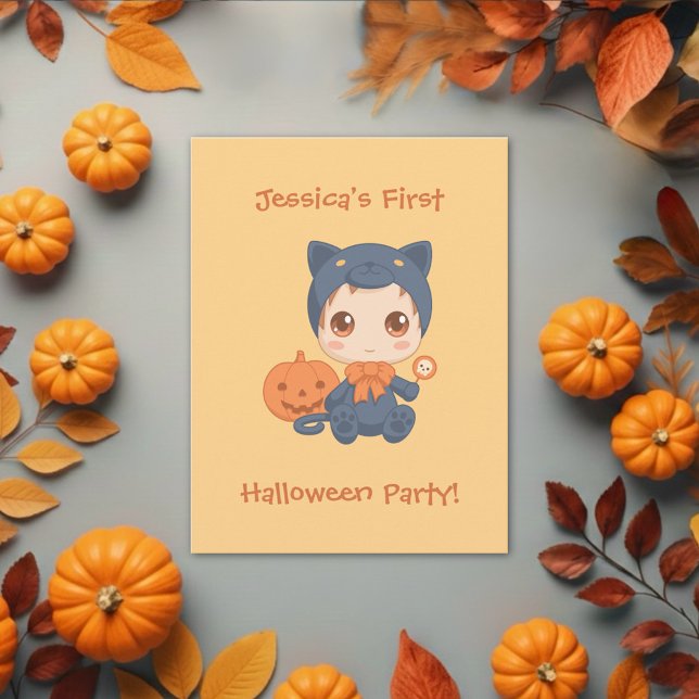 First Halloween Baby Black Cat Party Invitation Postcard (Creator Uploaded)