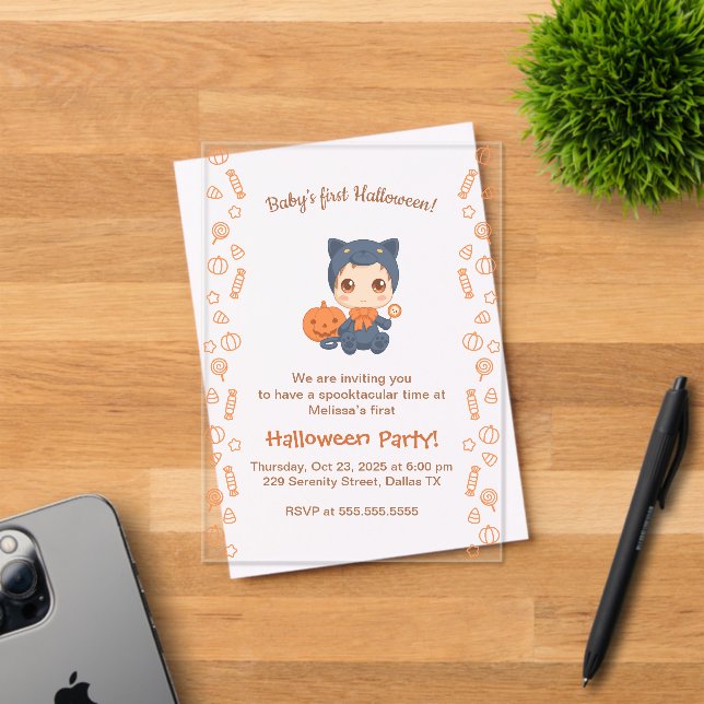 First Halloween Baby Cute Black Cat Party Acrylic Invitations (Insitu (Invitation Card))