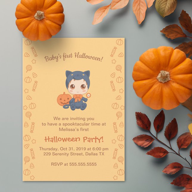 First Halloween Baby Cute Black Cat Party Invitation (Creator Uploaded)