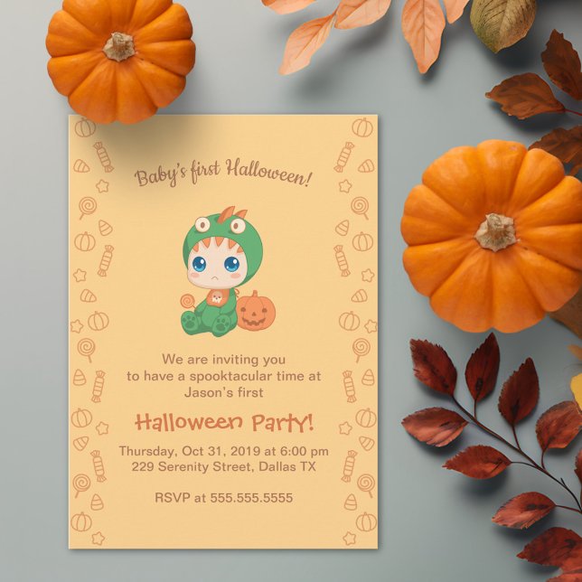 First Halloween Baby Cute Dragon Dinosaur Party Invitation (Creator Uploaded)
