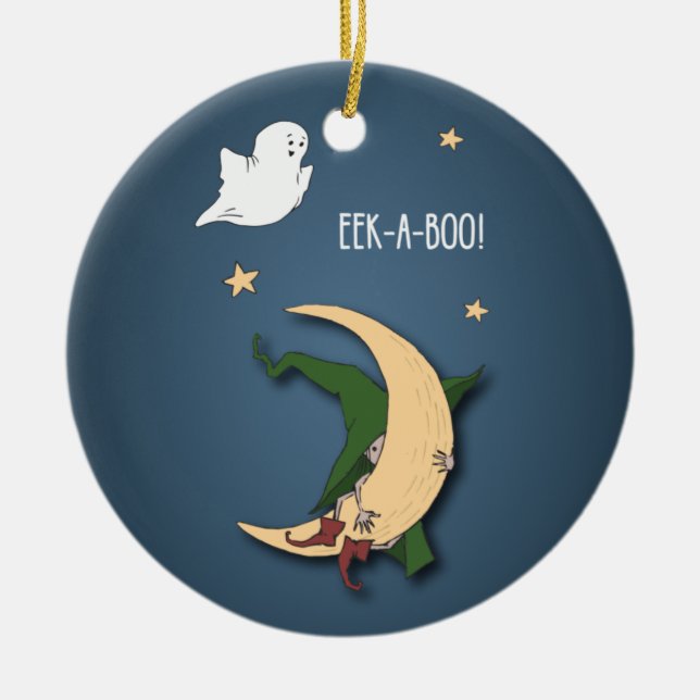 First Halloween Baby Peek A Boo Witch with Ghost Ceramic Ornament (Front)