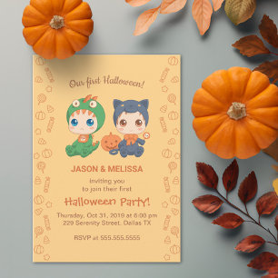 First Halloween Baby Twins Black Cat Dragon Party Invitation