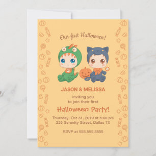 First Halloween Baby Twins Black Cat Dragon Party Invitation