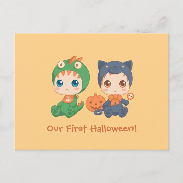 First Halloween Baby Twins Party Invitation Postcard (Front)