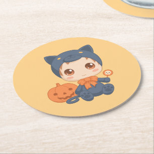 First Halloween Cute Baby Black Cat Costume Round Paper Coaster