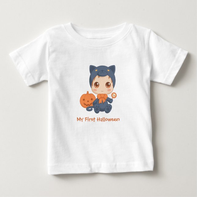 First Halloween Cute Baby Black Cat Costume T-Shirt (Front)