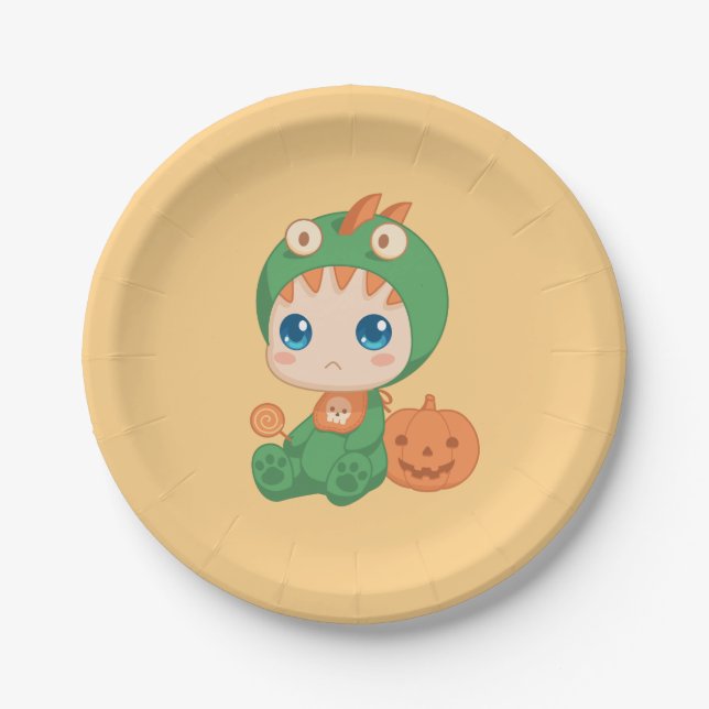 First Halloween Cute Baby Dragon Dinosaur Costume Paper Plate (Front)