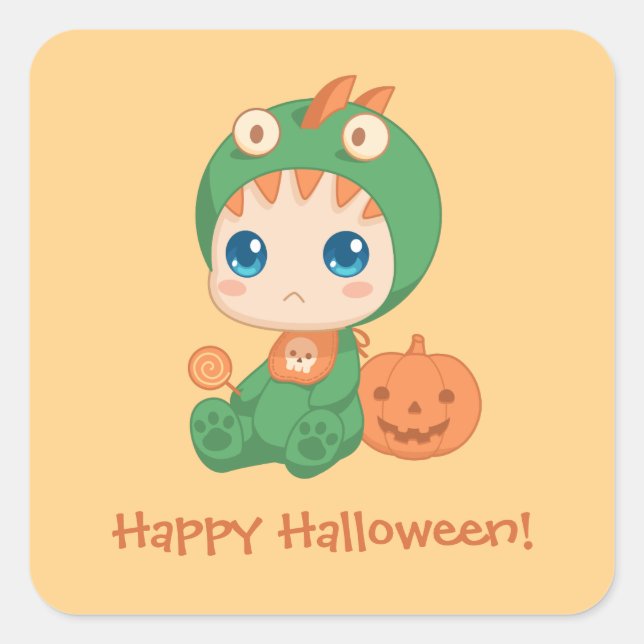 First Halloween Cute Baby Dragon Dinosaur Costume Square Sticker (Front)