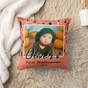 First Halloween Orange Mushroom Fall Photo Cushion