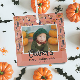 First Halloween Orange Mushroom Fall Photo  Glass Tree Decoration