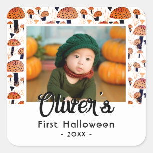 First Halloween Orange Mushroom Fall Photo  Square Sticker