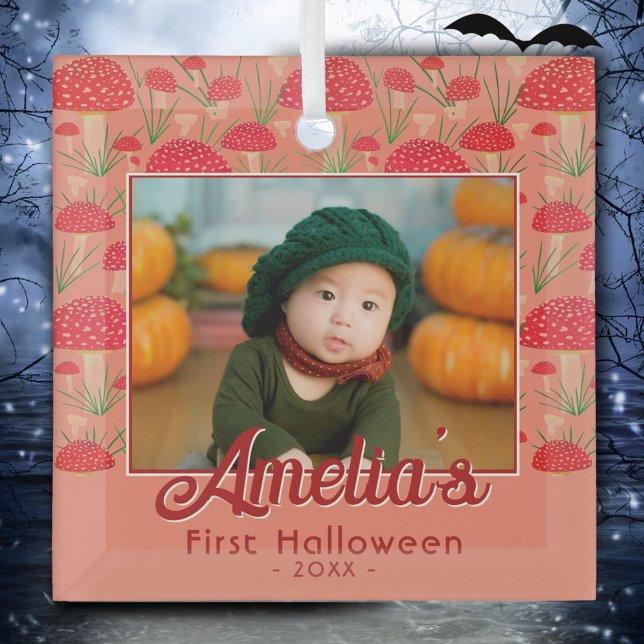 First Halloween Red Mushroom Fall Photo  Glass Tree Decoration (Creator Uploaded)