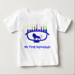 First Hanukkah Lion Menorah Baby T-Shirt<br><div class="desc">For your child's first Chanukkah celebration. Features a blue,   lion-themed Chanukkah menorah with all eight candles and the shamash burning. Chanukkah is the mid-winter "Festival of Lights."</div>