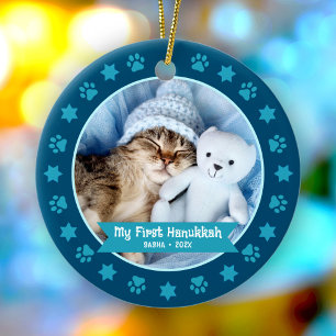 First Hanukkah Pet Kitten Photo Paws Stars Navy Ceramic Ornament