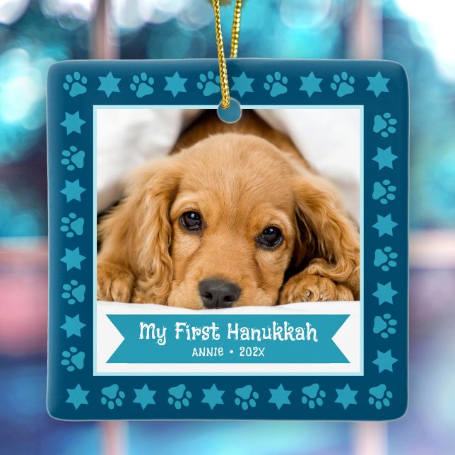 First Hanukkah Pet Puppy Photo Paws Stars Navy Ceramic Ornament (Creator Uploaded)