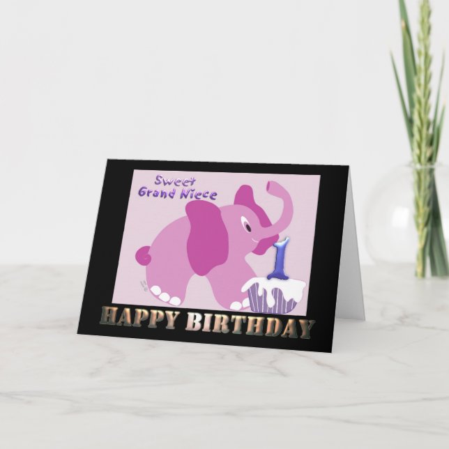 First Happy Birthday Grand Niece Pink Elephant Card (Front)