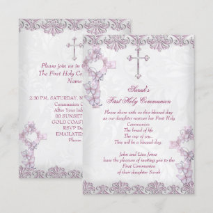First Holy Communion 1st Cross Girls Damask Pink Invitation