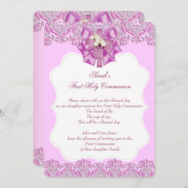First Holy Communion 1st Cross Girls Lace Pink Invitation (Front/Back)