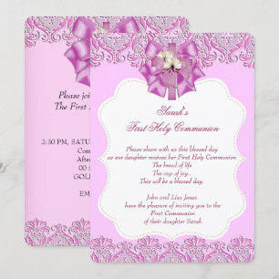 First Holy Communion 1st Cross Girls Lace Pink Invitation