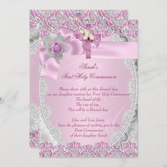 First Holy Communion 1st Cross Girls Pink Lace Invitation (Front/Back)