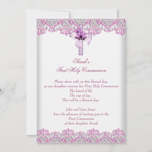 First Holy Communion 1st Cross Girls Pink Lilac Invitation (Front)