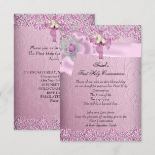 First Holy Communion 1st Cross Girls Pretty Pink Invitation