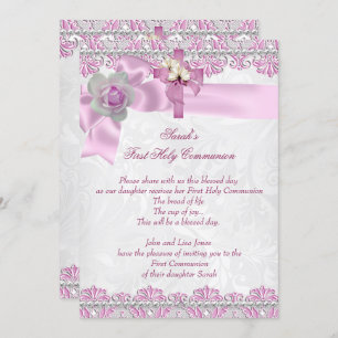 First Holy Communion 1st Cross Girls White Pink 2 Invitation