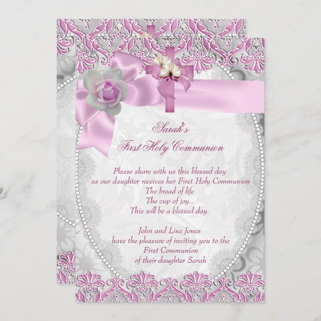 First Holy Communion 1st Cross Girls White Pink 3 Invitation (Front/Back)