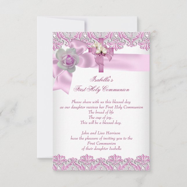First Holy Communion 1st Cross Girls White Pink 3 Invitation (Front)