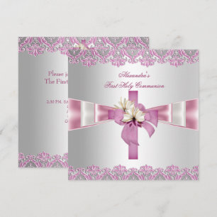 First Holy Communion 1st Cross Girls White Pink Invitation