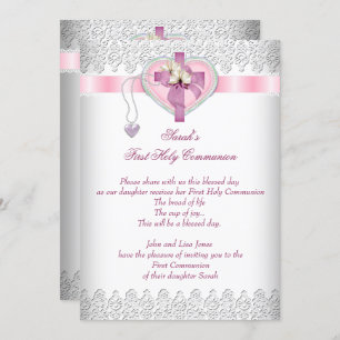 First Holy Communion 1st Cross Girls White Pink Invitation