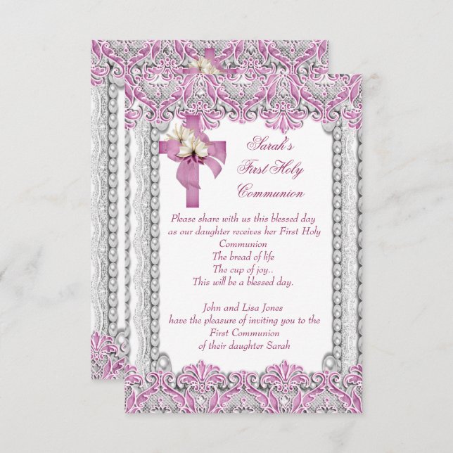 First Holy Communion 1st Cross Girls White Pink Invitation (Front/Back)