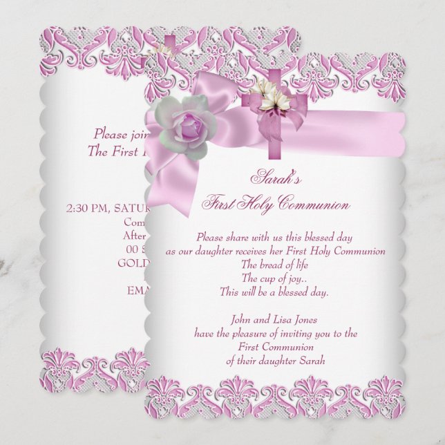 First Holy Communion 1st Cross Girls White Pink S Invitation (Front/Back)
