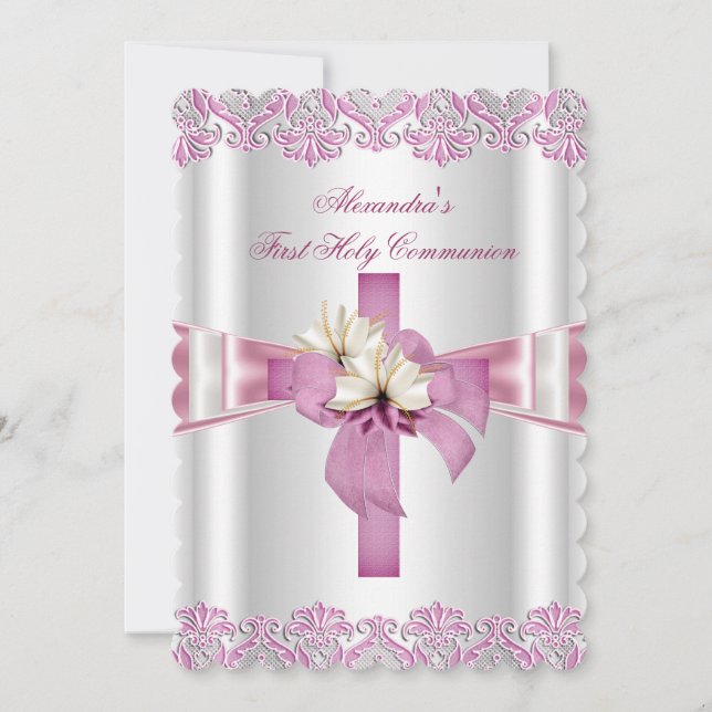 First Holy Communion 1st Cross Girls White Pink S Invitation (Front)