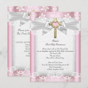 First Holy Communion 1st Girls Cross Pink 6 Invitation