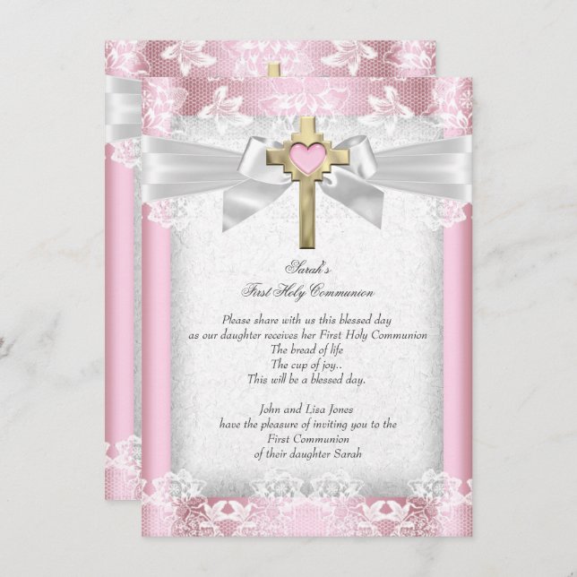 First Holy Communion 1st Girls Cross Pink 6 Invitation (Front/Back)