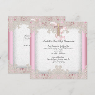 First Holy Communion 1st Girls Cross Pink 7 Invitation
