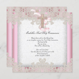 First Holy Communion 1st Girls Cross Pink 7 Invitation