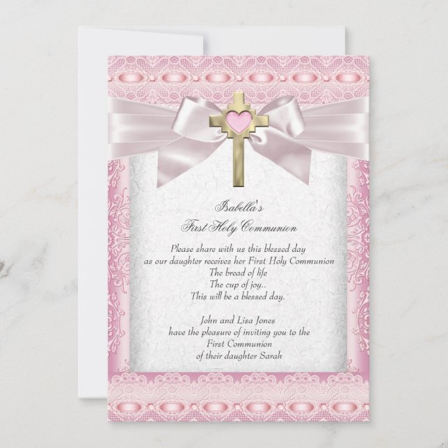 First Holy Communion 1st Girls Cross Pink Lace 2 Invitation (Front)