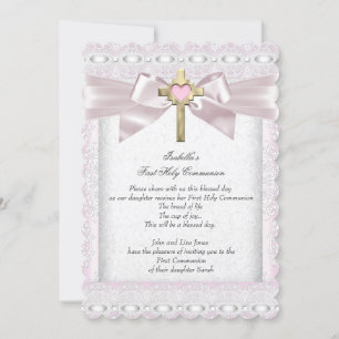 First Holy Communion 1st Girls Cross Pink Lace 3 Invitation