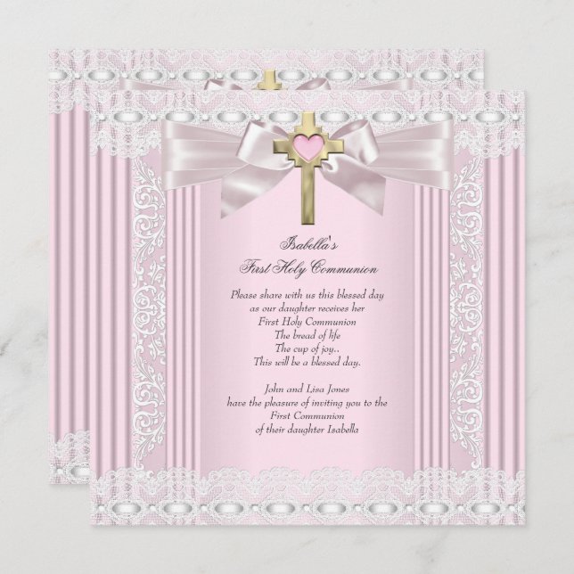 First Holy Communion 1st Girls Cross Pink Lace 5 Invitation (Front/Back)