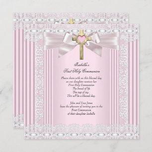 First Holy Communion 1st Girls Cross Pink Lace 5 Invitation