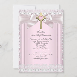 First Holy Communion 1st Girls Cross Pink Lace 5 Invitation